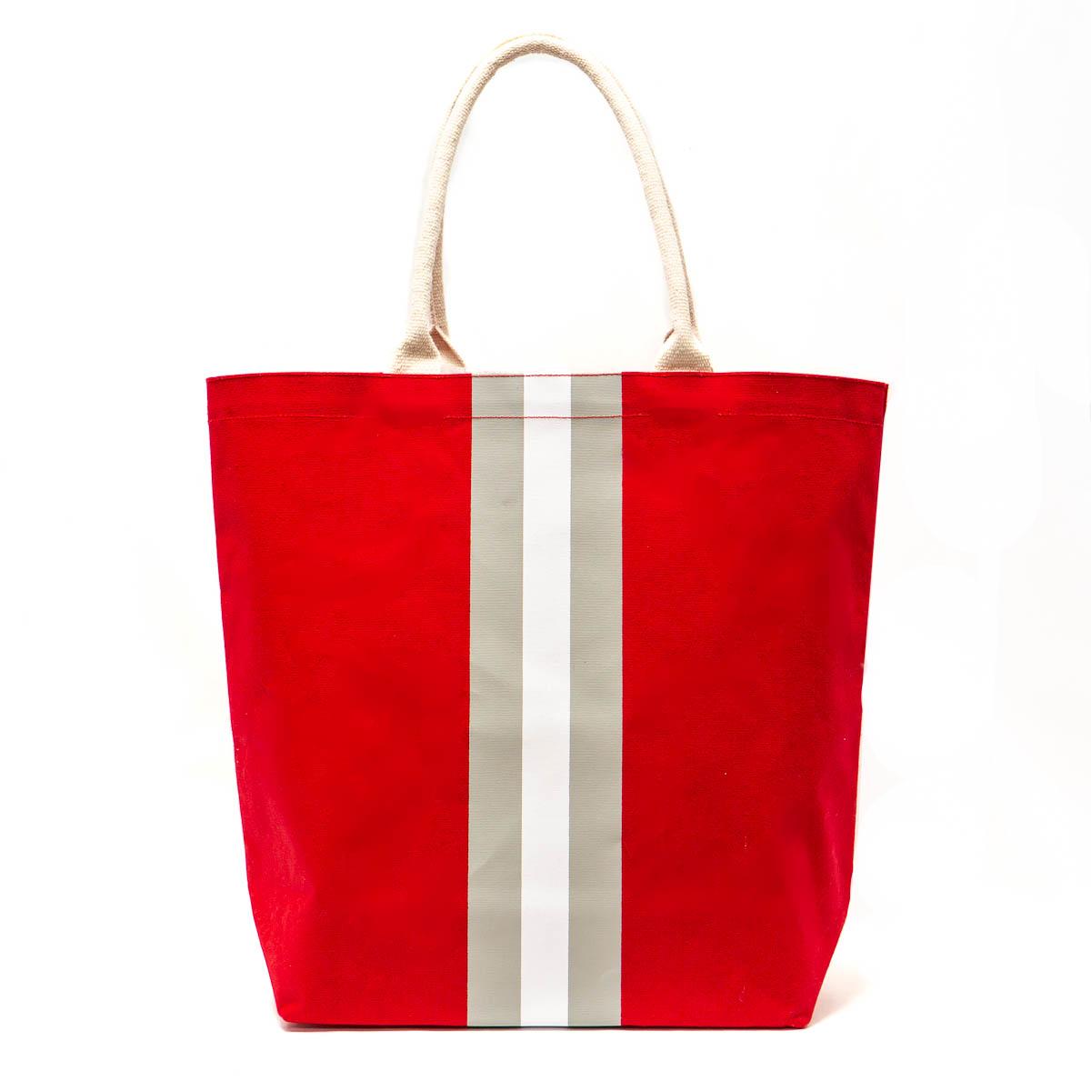 red and white striped tote